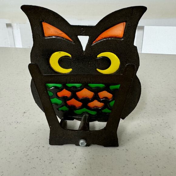 Vintage Metal Stained Glass Owl Figurine Shelf Sitter Decor Orange Green Fall - Picture 2 of 5